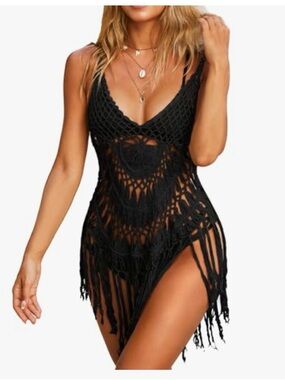Black Crochet Fringe Swim Coverup Tunic - Unbranded